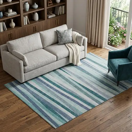 Teal Ivory And Blue Striped Washable Area Rug With UV Protection Photo 1