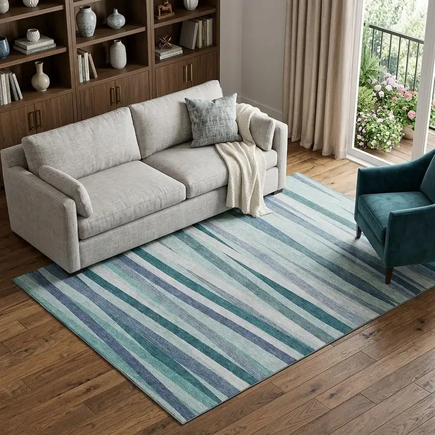 Teal Ivory And Blue Striped Washable Area Rug With UV Protection Photo 1