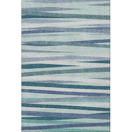 Teal Ivory And Blue Striped Washable Area Rug With UV Protection Photo 3