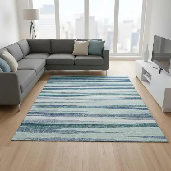 Teal Ivory And Blue Striped Washable Area Rug With UV Protection Photo 2