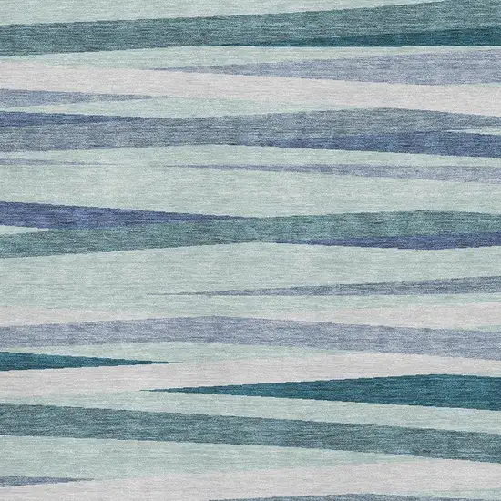 Teal Ivory And Blue Striped Washable Area Rug With UV Protection Photo 2