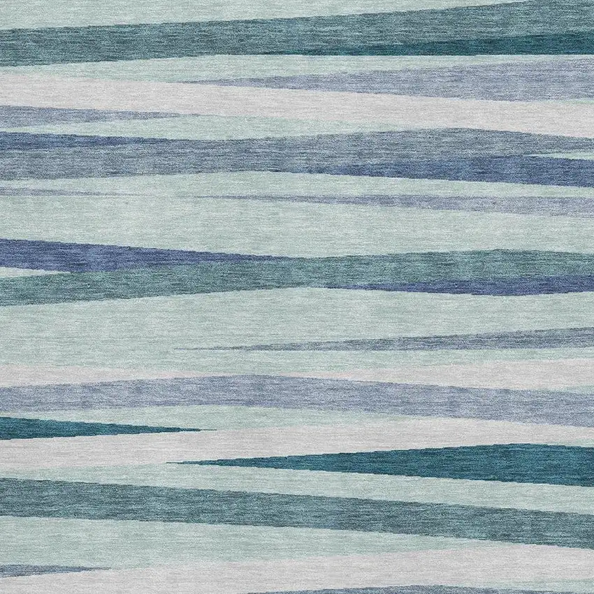 Teal Ivory And Blue Striped Washable Area Rug With UV Protection Photo 2