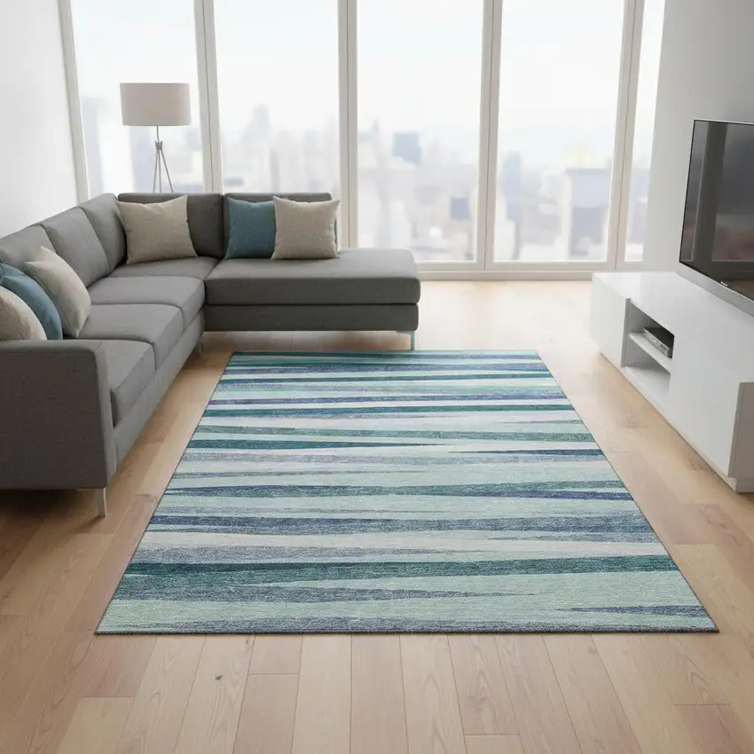 Teal Ivory And Blue Striped Washable Area Rug With UV Protection Photo 2