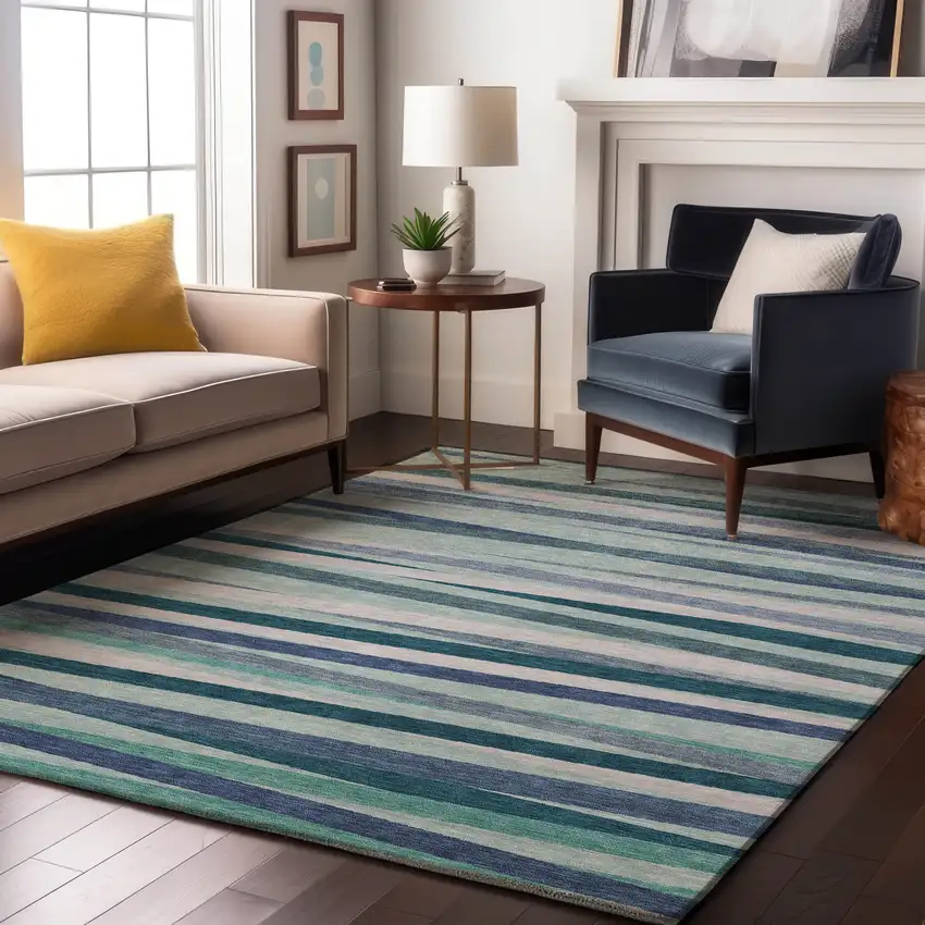 Teal Ivory And Blue Striped Washable Area Rug With UV Protection Photo 4