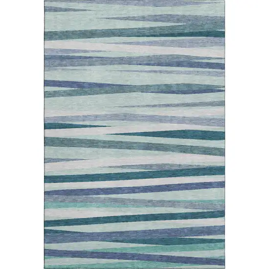 Teal Ivory And Blue Striped Washable Area Rug With UV Protection Photo 1