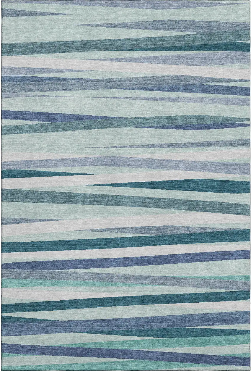 Teal Ivory And Blue Striped Washable Area Rug With UV Protection Photo 1