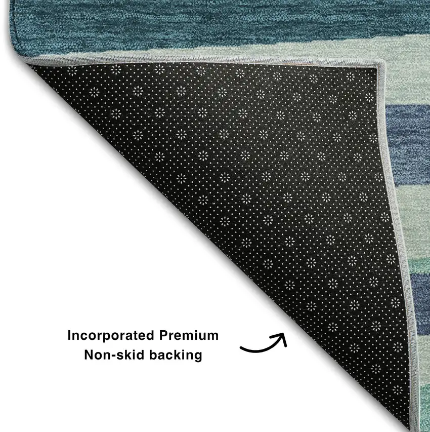 Teal Ivory And Blue Striped Washable Area Rug With UV Protection Photo 6