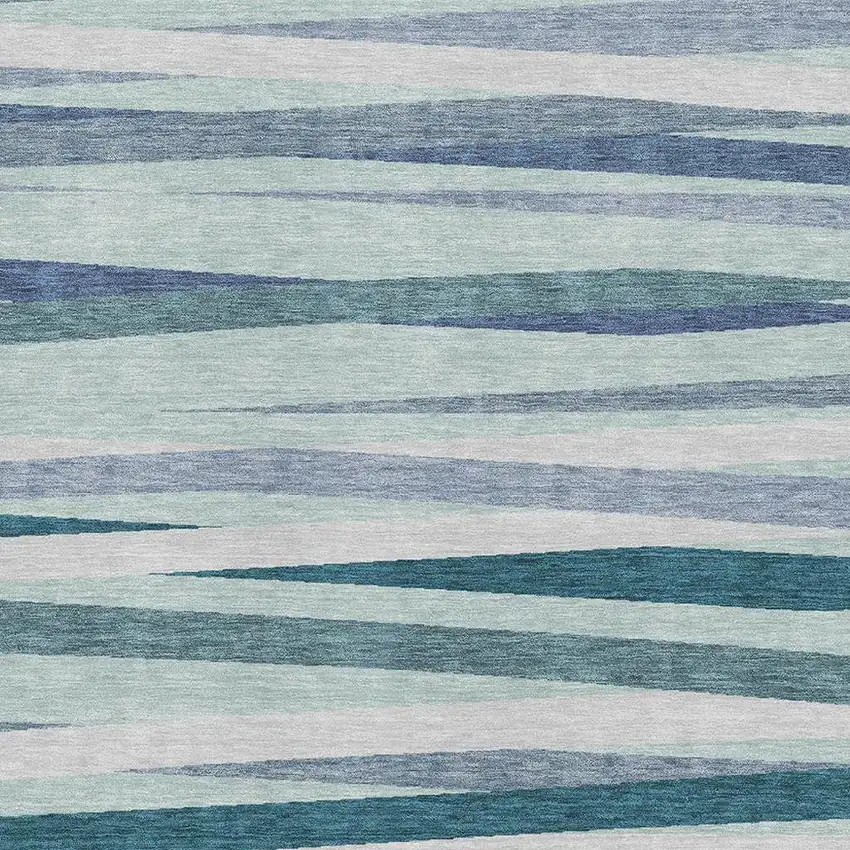 Teal Ivory And Blue Striped Washable Area Rug With UV Protection Photo 2