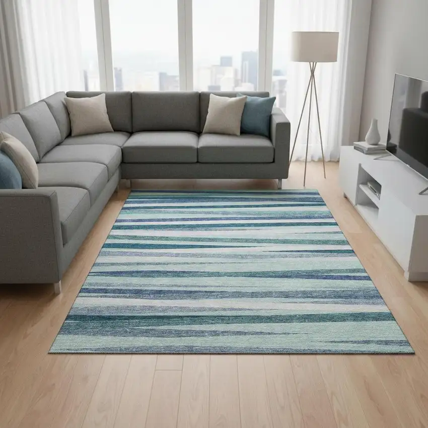 Teal Ivory And Blue Striped Washable Area Rug With UV Protection Photo 2