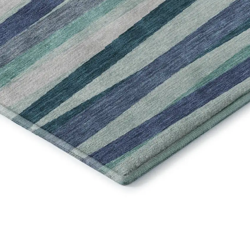Teal Ivory And Blue Striped Washable Area Rug With UV Protection Photo 7
