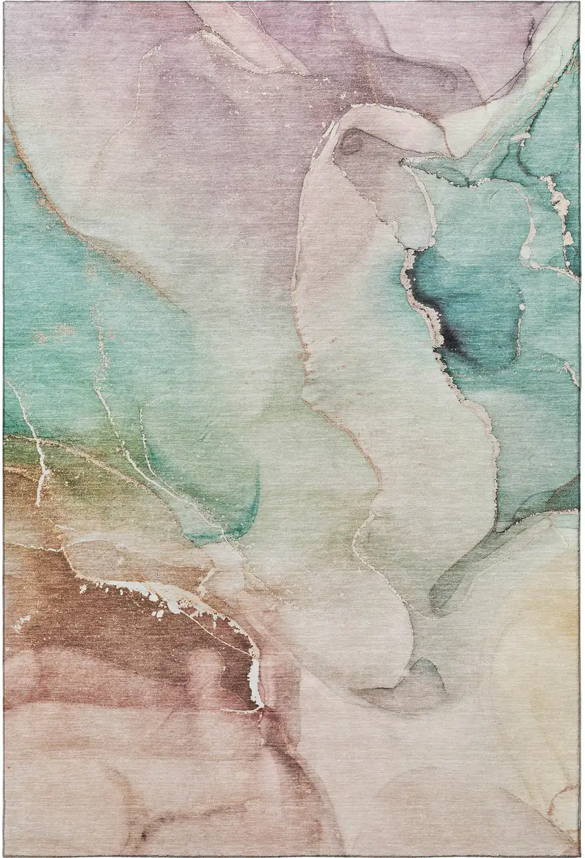 Teal Ivory And Brown Abstract Washable Area Rug With UV Protection Photo 3