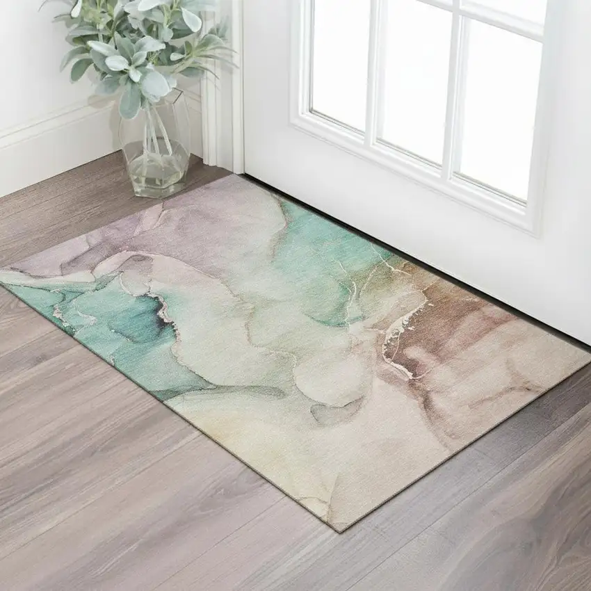 Teal Ivory And Brown Abstract Washable Area Rug With UV Protection Photo 1