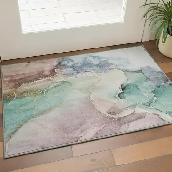 Teal Ivory And Brown Abstract Washable Area Rug With UV Protection Photo 2