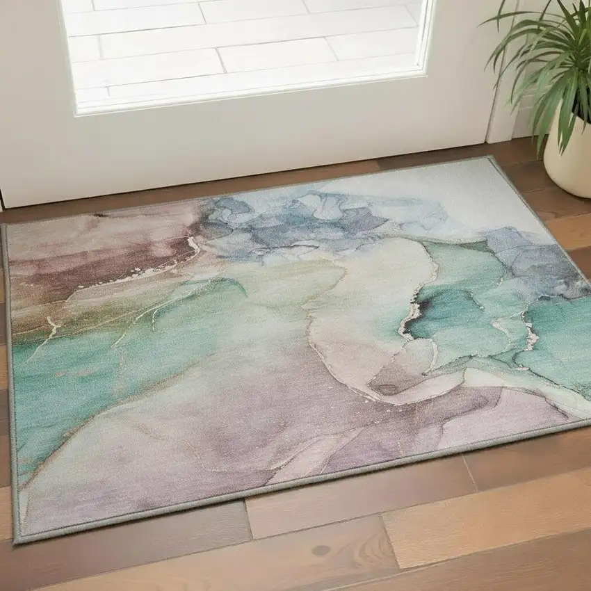 Teal Ivory And Brown Abstract Washable Area Rug With UV Protection Photo 2