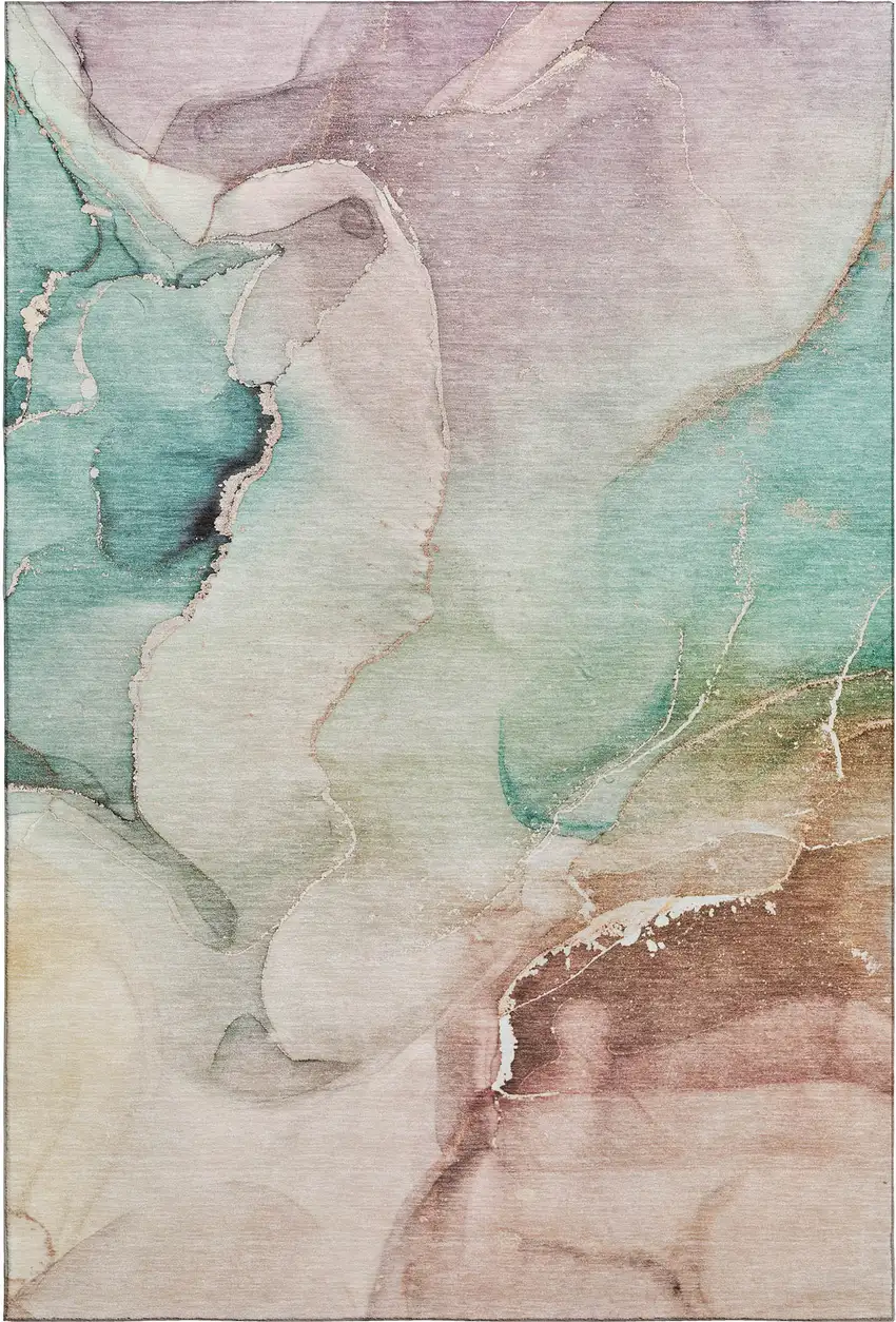 Teal Ivory And Brown Abstract Washable Area Rug With UV Protection Photo 1