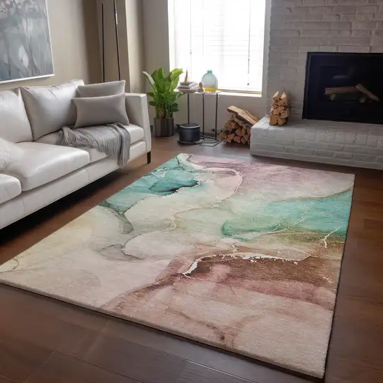 Teal Ivory And Brown Abstract Washable Area Rug With UV Protection Photo 5