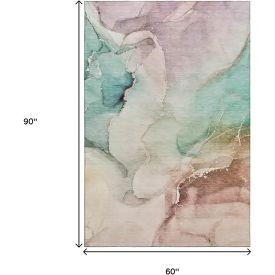 Teal Ivory And Brown Abstract Washable Area Rug With UV Protection Photo 7