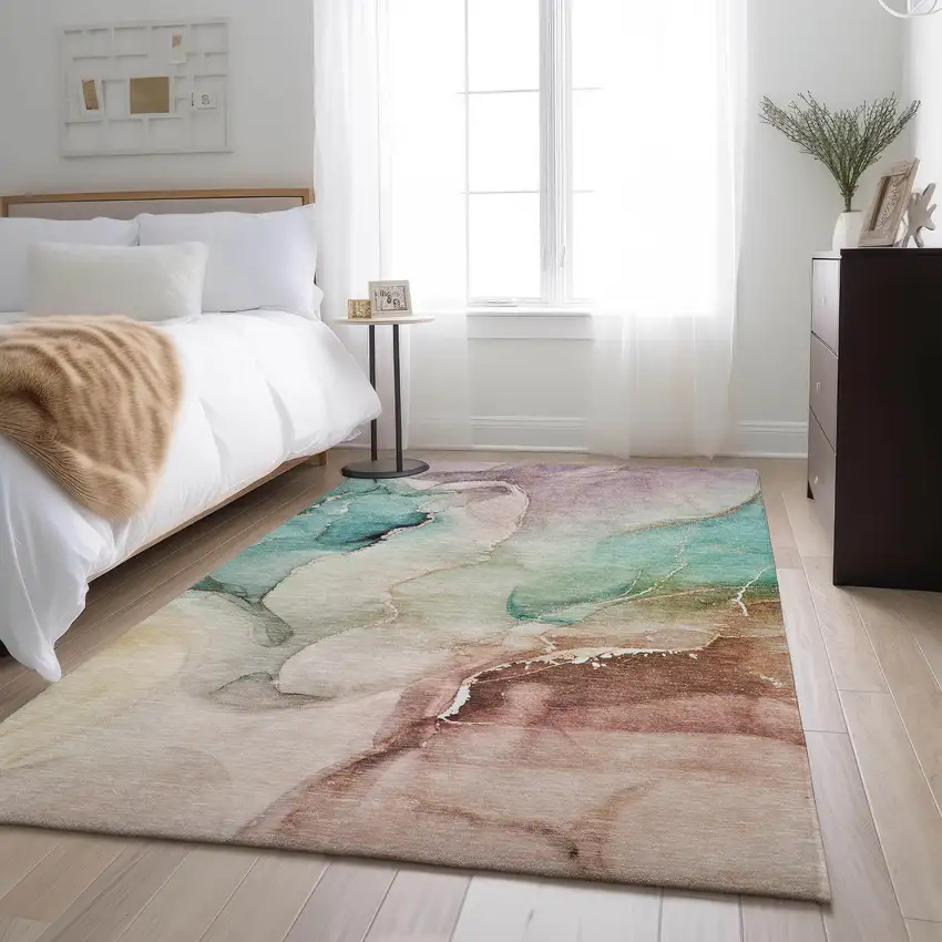 Teal Ivory And Brown Abstract Washable Area Rug With UV Protection Photo 5