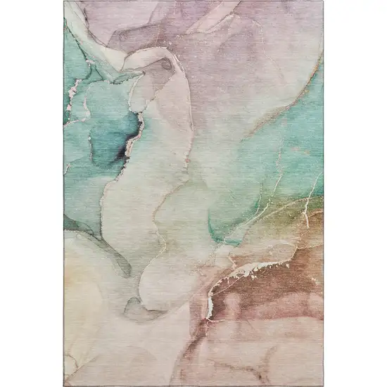 Teal Ivory And Brown Abstract Washable Area Rug With UV Protection Photo 1