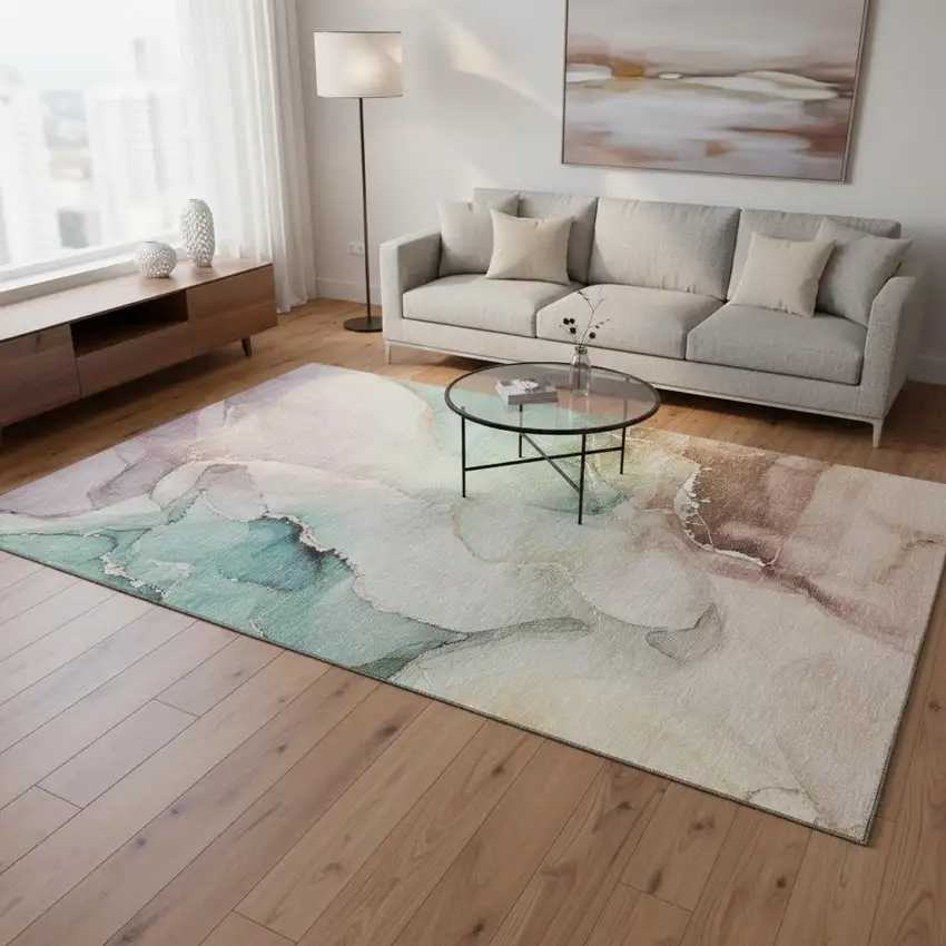 Teal Ivory And Brown Abstract Washable Area Rug With UV Protection Photo 2