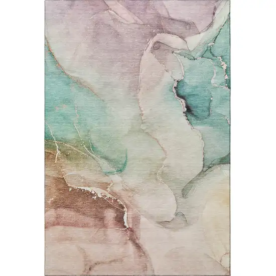 Teal Ivory And Brown Abstract Washable Area Rug With UV Protection Photo 4