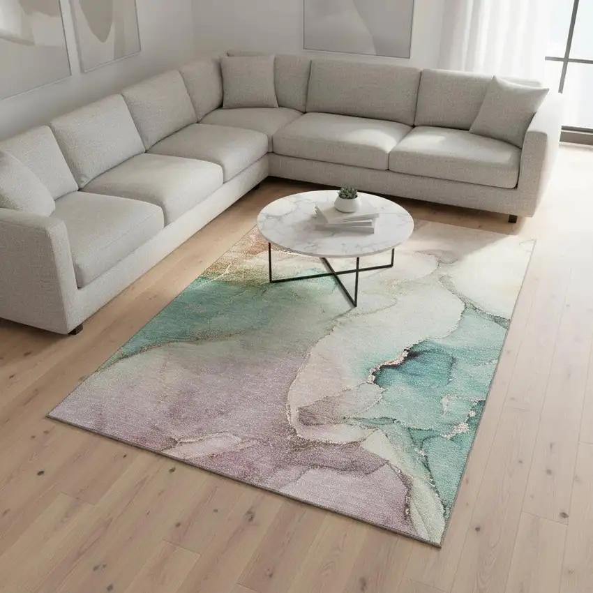 Teal Ivory And Brown Abstract Washable Area Rug With UV Protection Photo 2