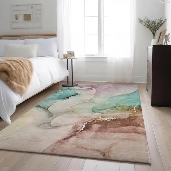 Teal Ivory And Brown Abstract Washable Area Rug With UV Protection Photo 5
