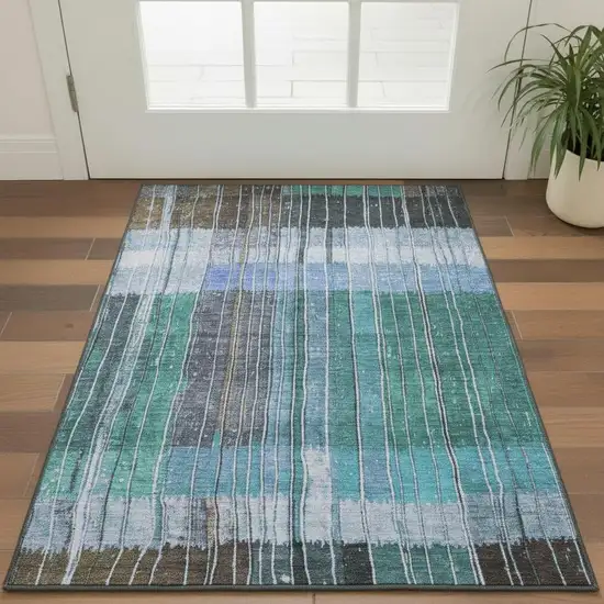 Teal Ivory And Brown Striped Washable Area Rug With UV Protection Photo 2