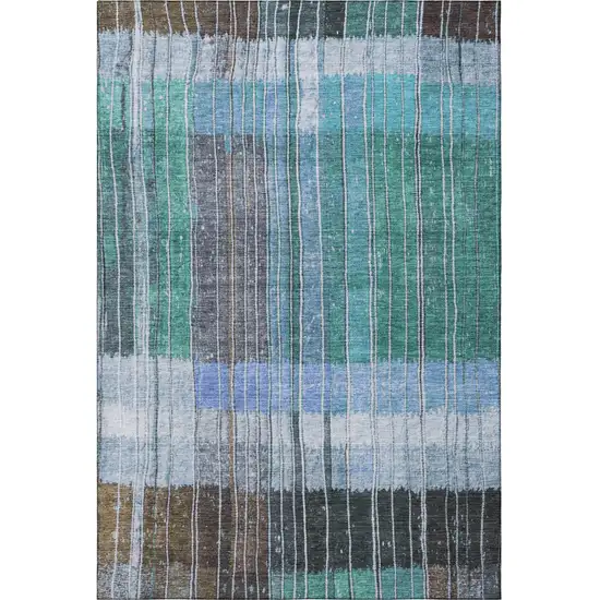 Teal Ivory And Brown Striped Washable Area Rug With UV Protection Photo 3