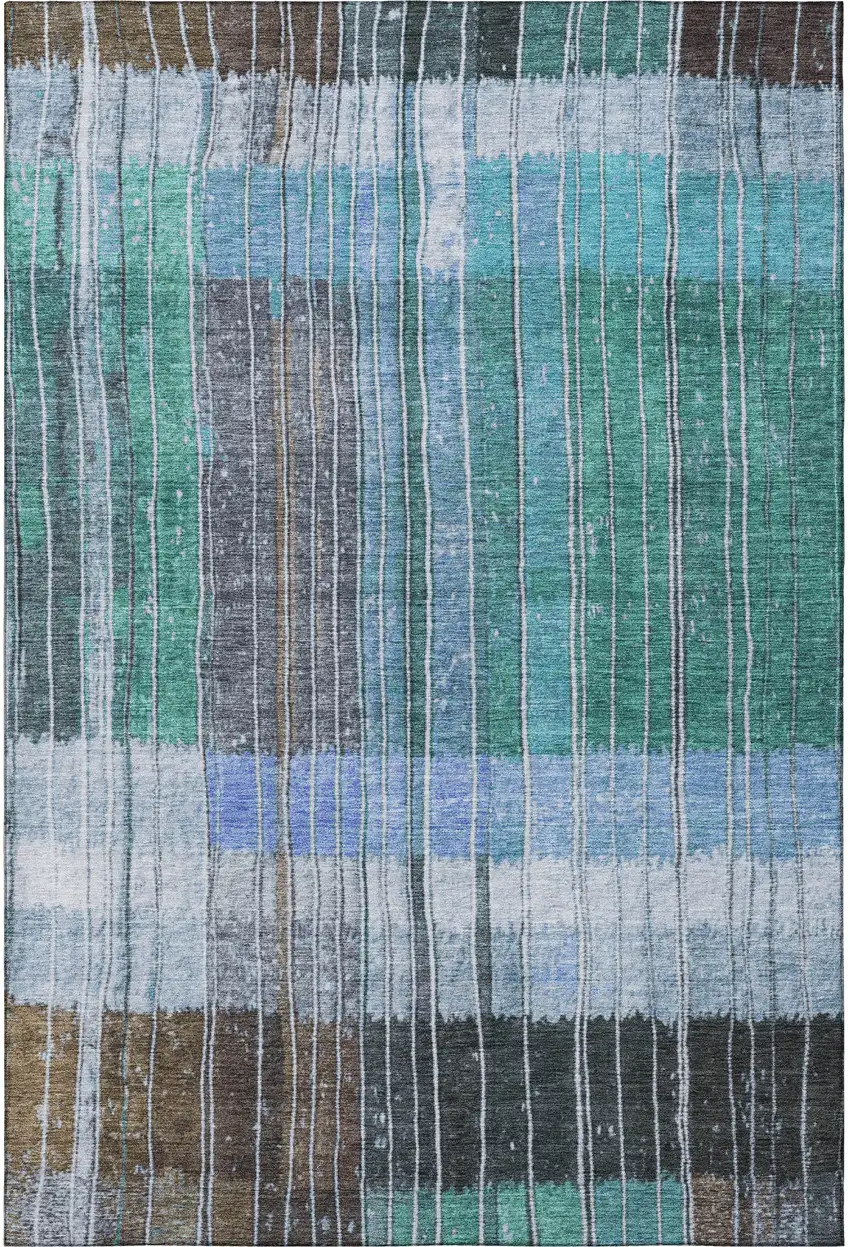 Teal Ivory And Brown Striped Washable Area Rug With UV Protection Photo 3