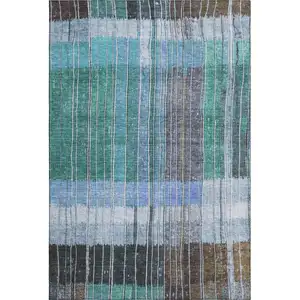 Photo of Teal Ivory And Brown Striped Washable Area Rug With UV Protection