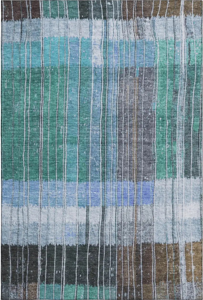 Teal Ivory And Brown Striped Washable Area Rug With UV Protection Photo 1