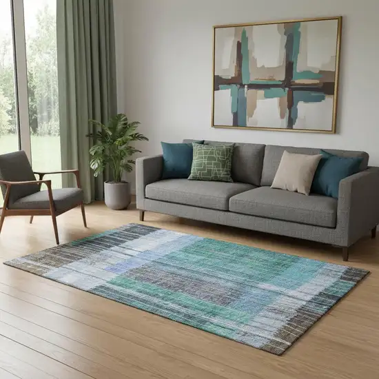 Teal Ivory And Brown Striped Washable Area Rug With UV Protection Photo 2