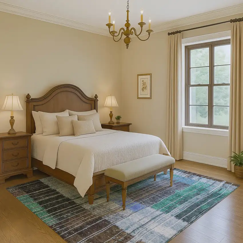 Teal Ivory And Brown Striped Washable Area Rug With UV Protection Photo 5