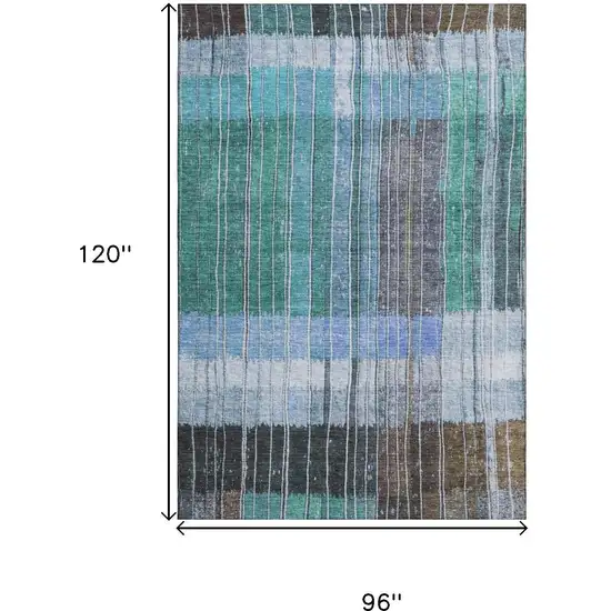 Teal Ivory And Brown Striped Washable Area Rug With UV Protection Photo 9
