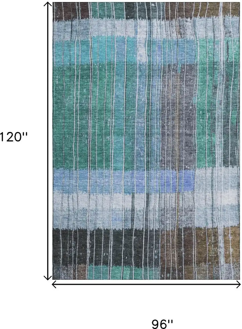 Teal Ivory And Brown Striped Washable Area Rug With UV Protection Photo 9