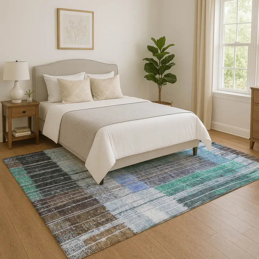 Teal Ivory And Brown Striped Washable Area Rug With UV Protection Photo 3