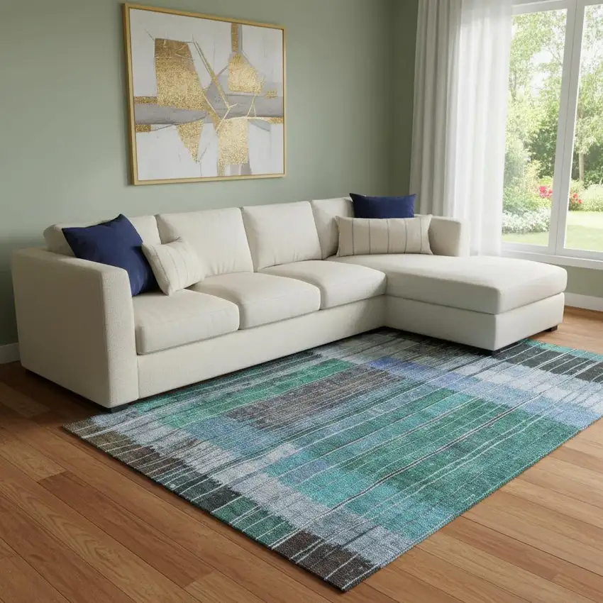 Teal Ivory And Brown Striped Washable Area Rug With UV Protection Photo 2