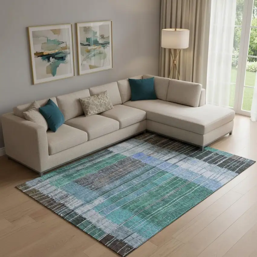Teal Ivory And Brown Striped Washable Area Rug With UV Protection Photo 2
