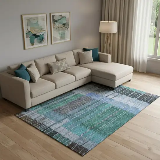 Teal Ivory And Brown Striped Washable Area Rug With UV Protection Photo 2
