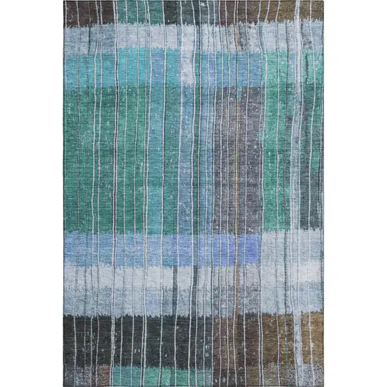 Teal Ivory And Brown Striped Washable Area Rug With UV Protection Photo 1