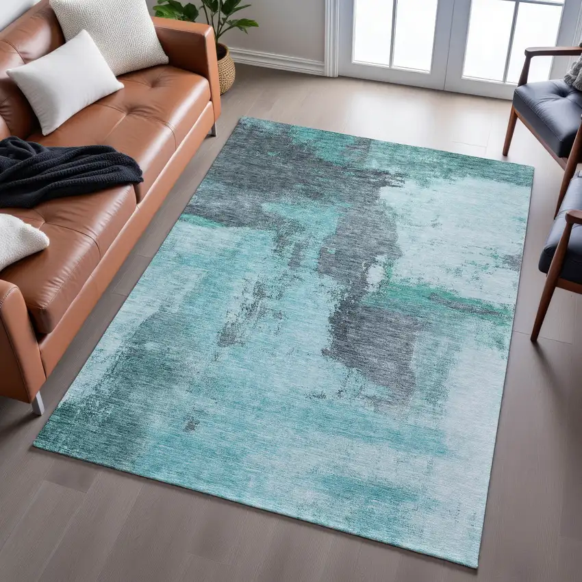 Teal Ivory And Charcoal Abstract Washable Area Rug With UV Protection Photo 4