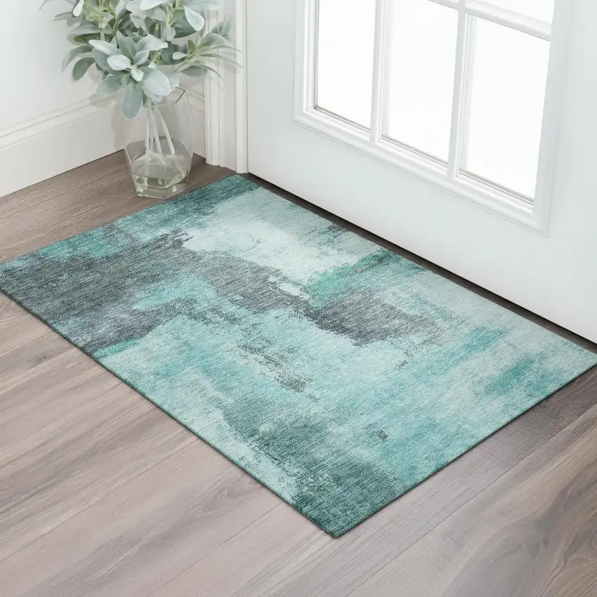Teal Ivory And Charcoal Abstract Washable Area Rug With UV Protection Photo 2