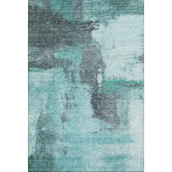Teal Ivory And Charcoal Abstract Washable Area Rug With UV Protection Photo 1