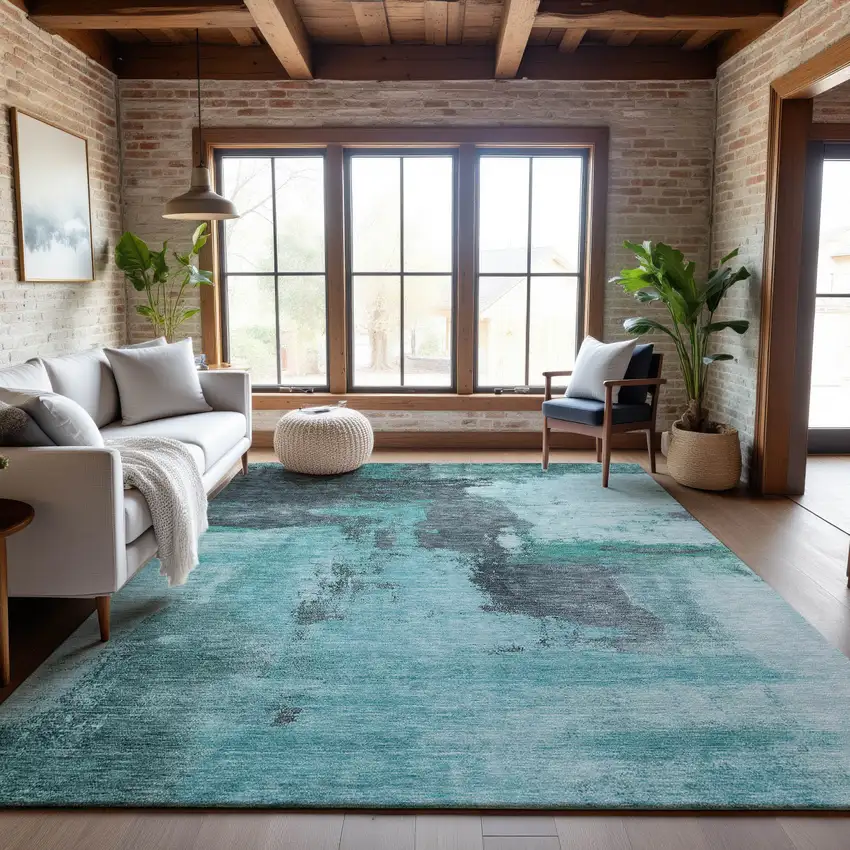 Teal Ivory And Charcoal Abstract Washable Area Rug With UV Protection Photo 4
