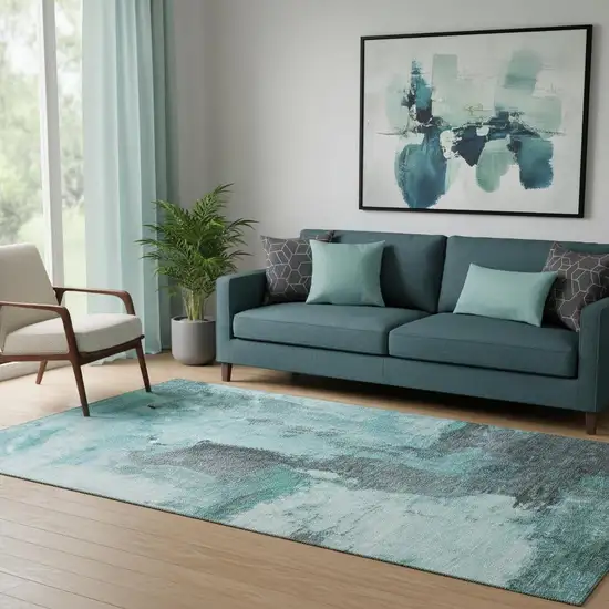Teal Ivory And Charcoal Abstract Washable Area Rug With UV Protection Photo 2