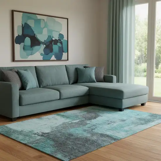 Teal Ivory And Charcoal Abstract Washable Area Rug With UV Protection Photo 2