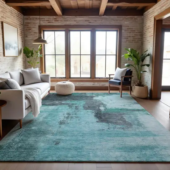Teal Ivory And Charcoal Abstract Washable Area Rug With UV Protection Photo 4