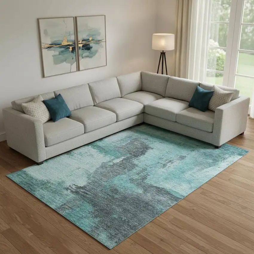 Teal Ivory And Charcoal Abstract Washable Area Rug With UV Protection Photo 2