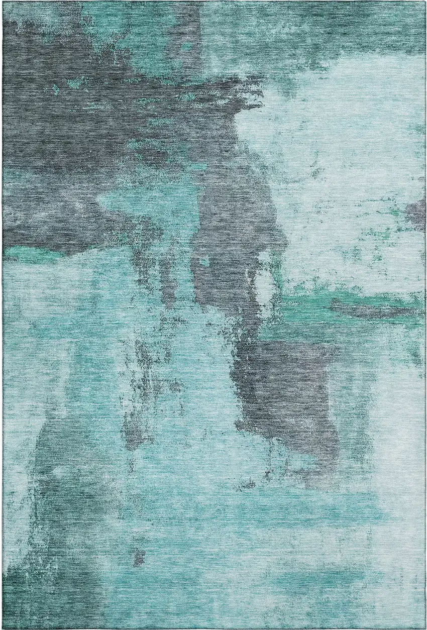 Teal Ivory And Charcoal Abstract Washable Area Rug With UV Protection Photo 1